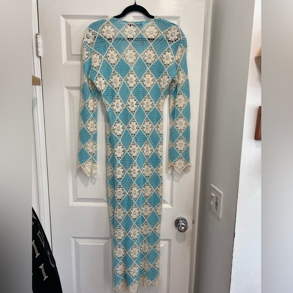 Zara Crochet Blue and Cream Long Sleeve Dress - Picture 4 of 6